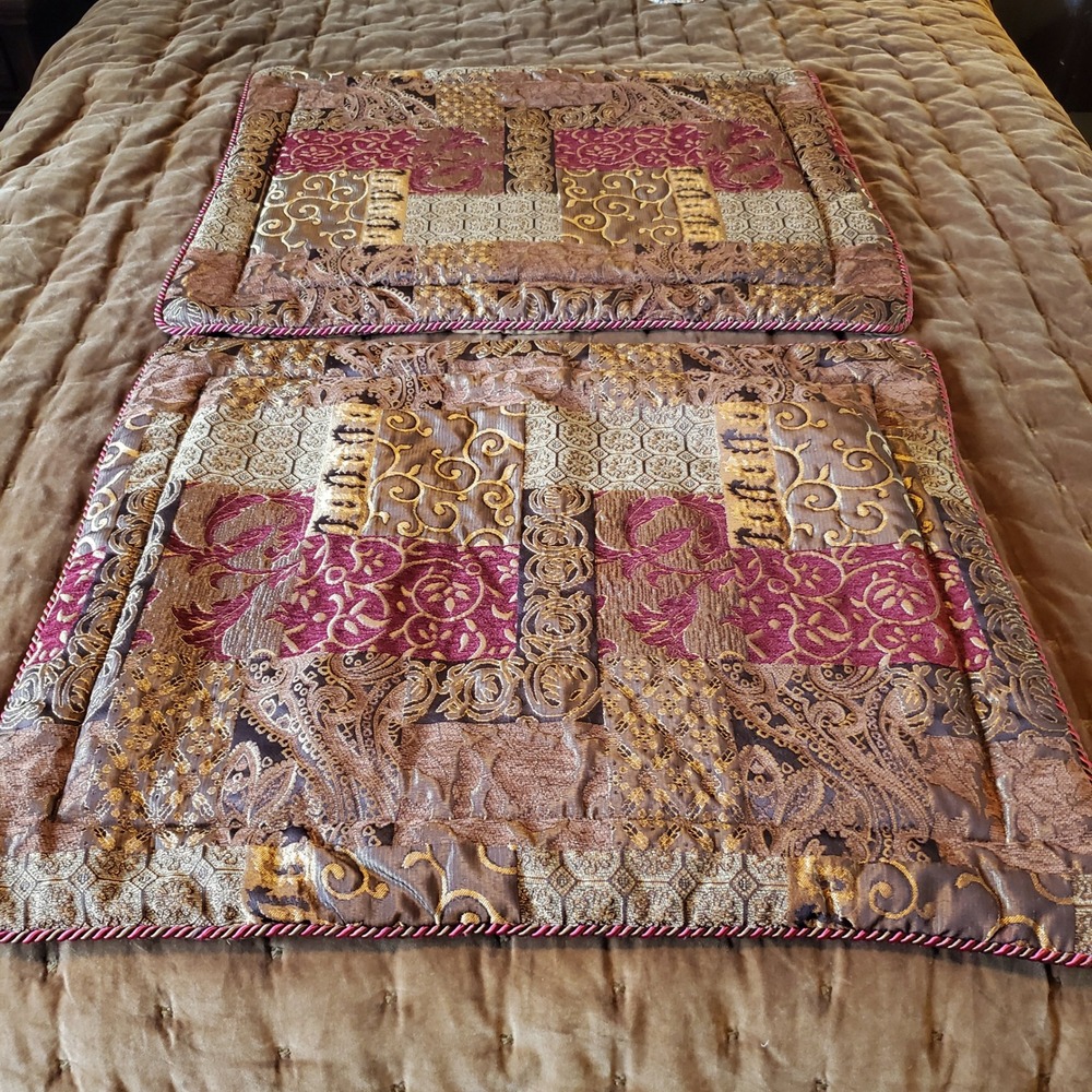 2 Ornate Patchwork Brocade Quilted Pillow Shams Burgundy Gold 26x32 Croscill